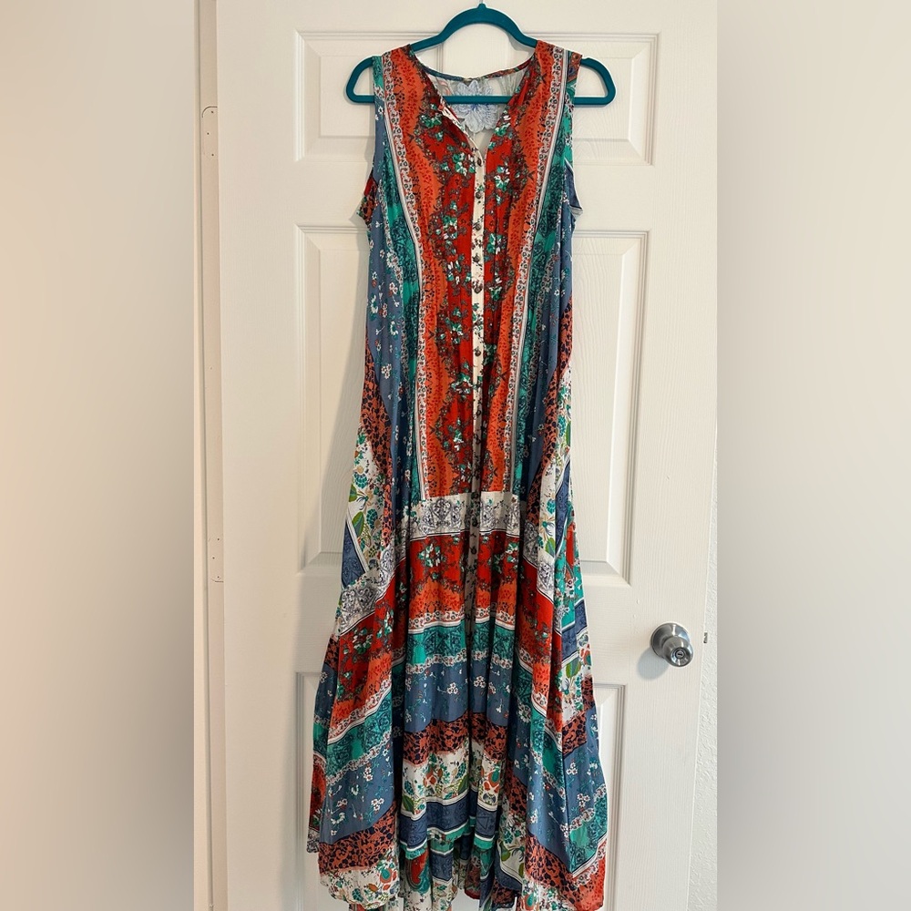 NWT—Aratta Teal, Orange & Blue Floral Panel long Dress